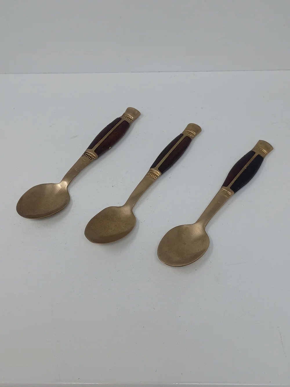 Vintage 1960's Thailand Brass Dessert Spoons with Brown Teak Wood Handles